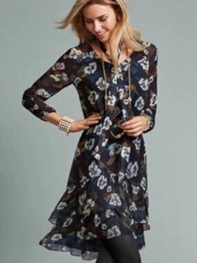 CAbi Navy Teal Floral V-Neck Long Sleeve Dress*tie belt not included*